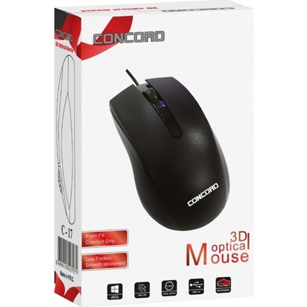 Concord C-17 Kablolu Optik Mouse 3D optical Mouse- Siyah