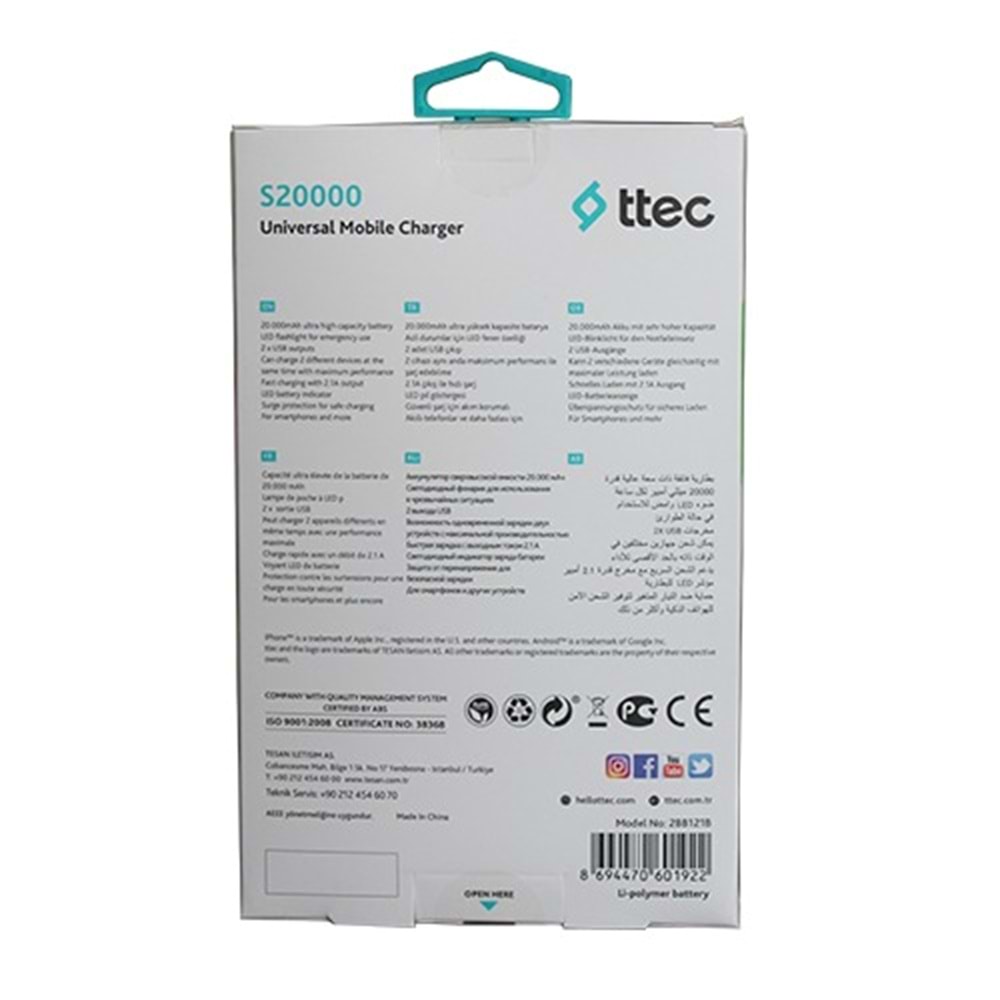 TTEC S20000 Powerbank Şarj Cihazı 20000mAh Beyaz - 2BB121B