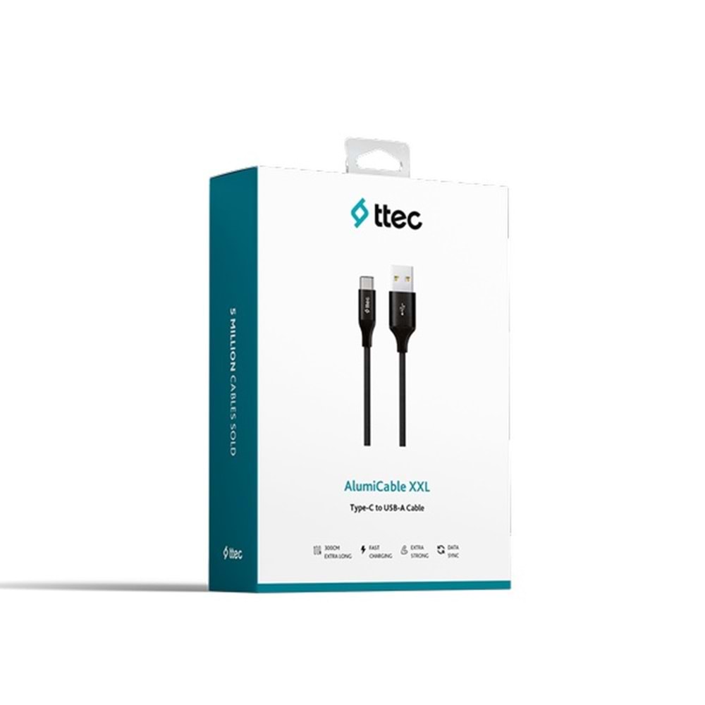 Ttec AlumiCable XXL Type-C Kablo Siyah 3 metre - 2DK24S