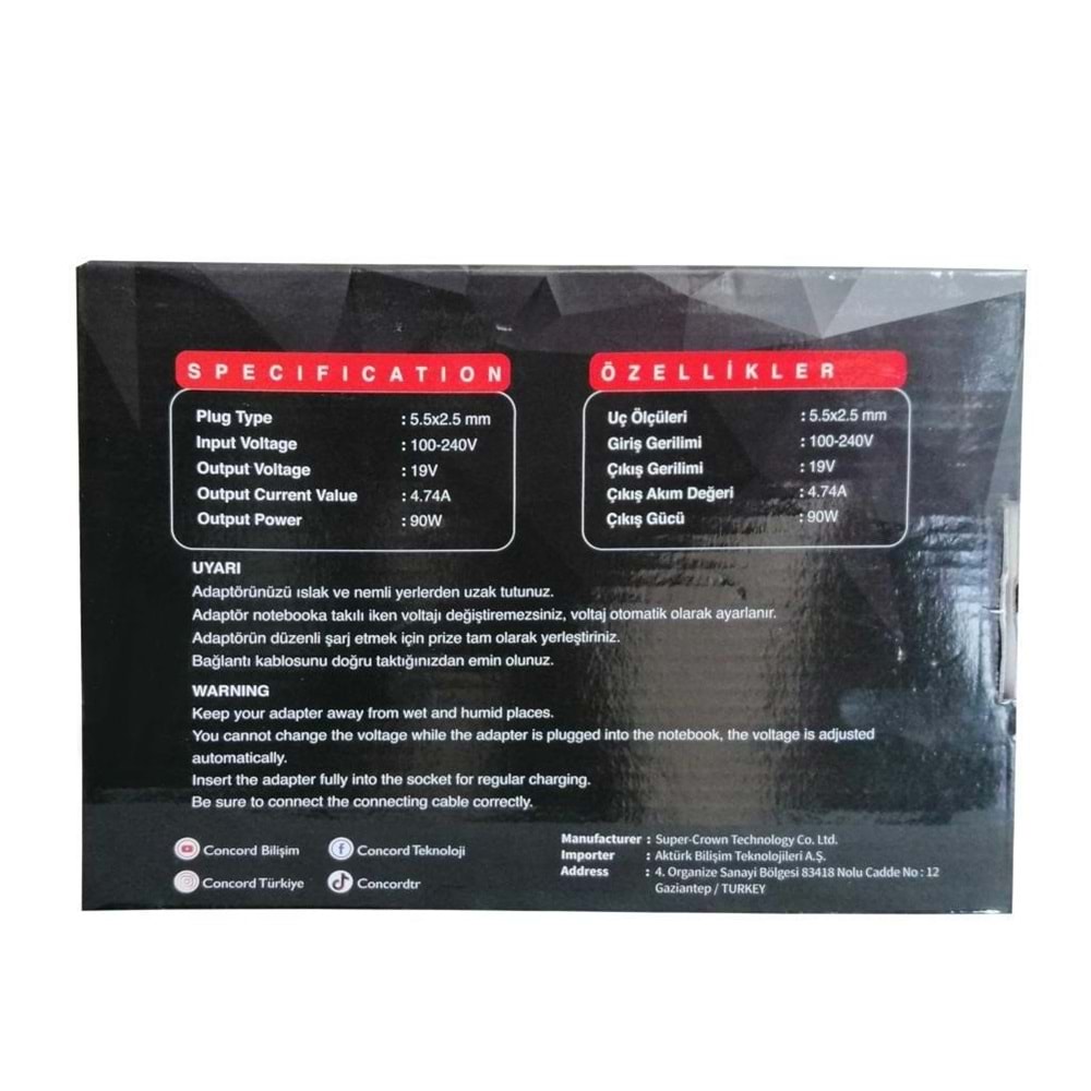 PdaTeknoloji 19V 4.74A Toshiba Notebook Şarj Adaptörü C-1509 - Siyah