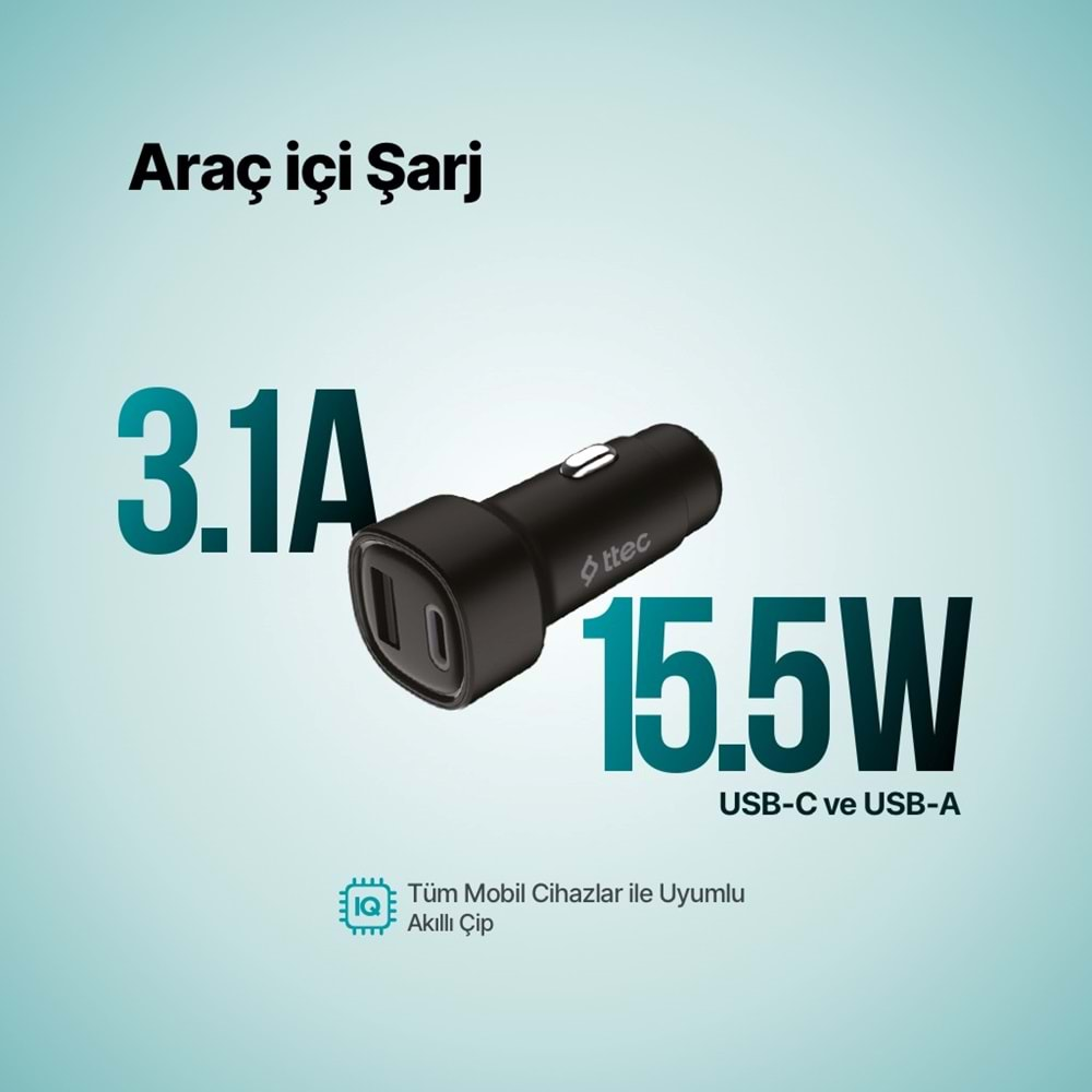 Ttec SmartCharger Duo 3.1A Araç Şarj Aleti USB-C+USB-A (15.5W) - 2CKS35S