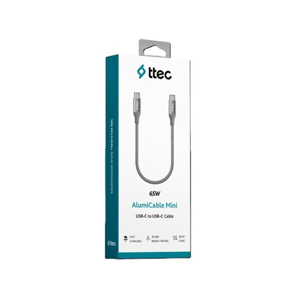 Ttec AlumiCable USB-C - USB-C 30cm 65W PD/QC Hızlı Şarj/Data Kablosu Uzay Grisi 2DK50UG