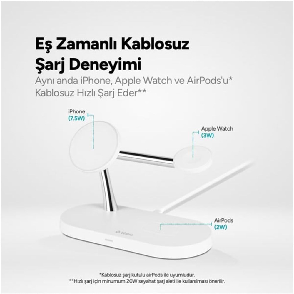 ttec AirCharger Quattro M MagSafe Uyumlu 4'ü 1 Arada iPhone + Apple Watch + AirPods LED Aydınlatmalı Kablosuz Şarj Standı Beyaz 2KS26B