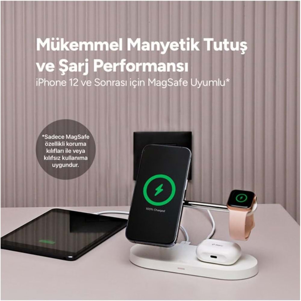 ttec AirCharger Quattro M MagSafe Uyumlu 4'ü 1 Arada iPhone + Apple Watch + AirPods LED Aydınlatmalı Kablosuz Şarj Standı Beyaz 2KS26B