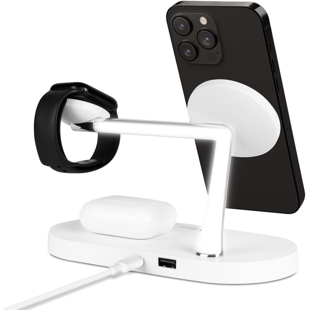 ttec AirCharger Quattro M MagSafe Uyumlu 4'ü 1 Arada iPhone + Apple Watch + AirPods LED Aydınlatmalı Kablosuz Şarj Standı Beyaz 2KS26B