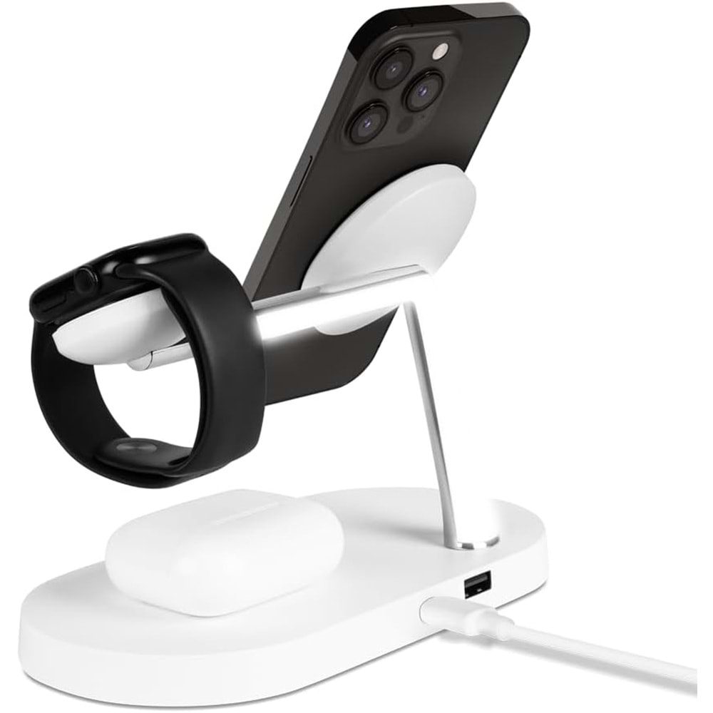 ttec AirCharger Quattro M MagSafe Uyumlu 4'ü 1 Arada iPhone + Apple Watch + AirPods LED Aydınlatmalı Kablosuz Şarj Standı Beyaz 2KS26B