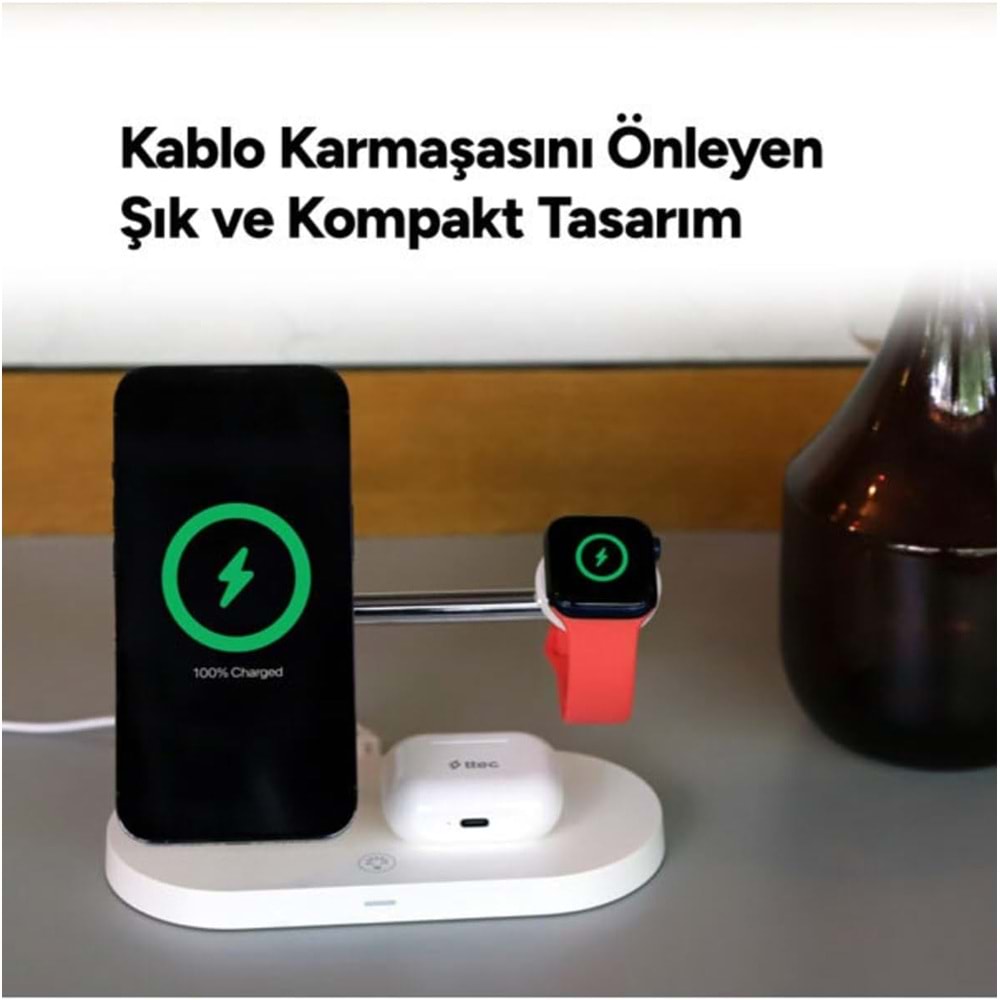 ttec AirCharger Quattro M MagSafe Uyumlu 4'ü 1 Arada iPhone + Apple Watch + AirPods LED Aydınlatmalı Kablosuz Şarj Standı Beyaz 2KS26B