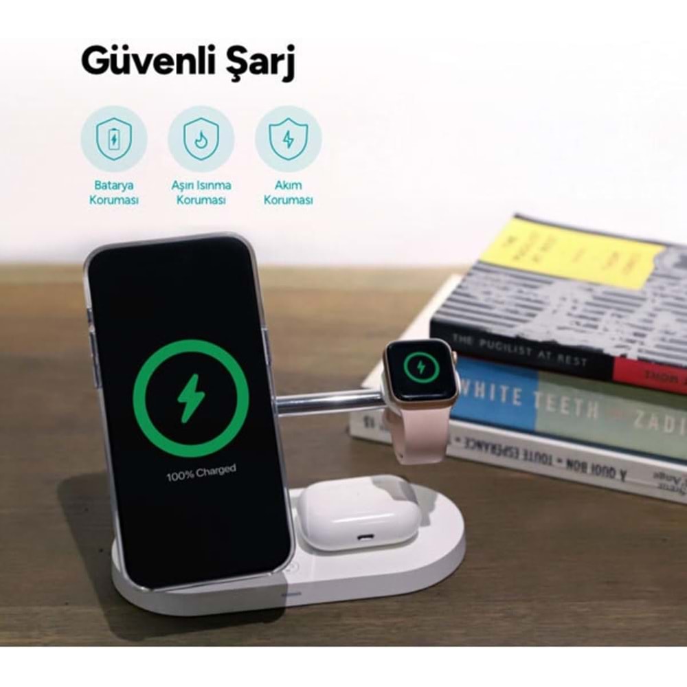 ttec AirCharger Quattro M MagSafe Uyumlu 4'ü 1 Arada iPhone + Apple Watch + AirPods LED Aydınlatmalı Kablosuz Şarj Standı Beyaz 2KS26B