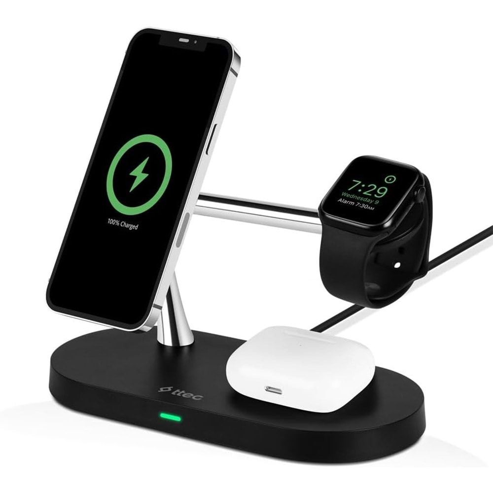 ttec AirCharger Quattro M MagSafe Uyumlu iPhone+AppleWatch+AirPods LED li Kablosuz Hızlı Şarj Standı Siyah 2KS26S