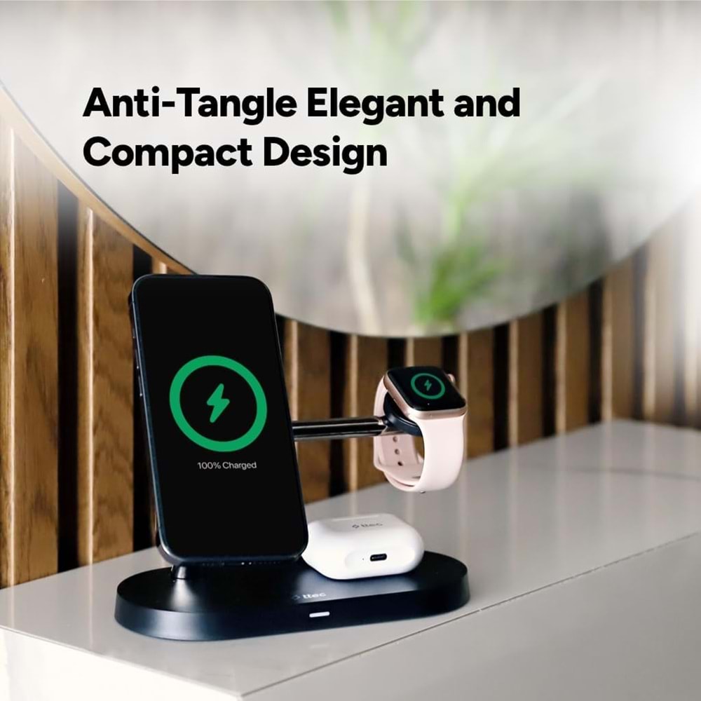 ttec AirCharger Quattro M MagSafe Uyumlu iPhone+AppleWatch+AirPods LED li Kablosuz Hızlı Şarj Standı Siyah 2KS26S