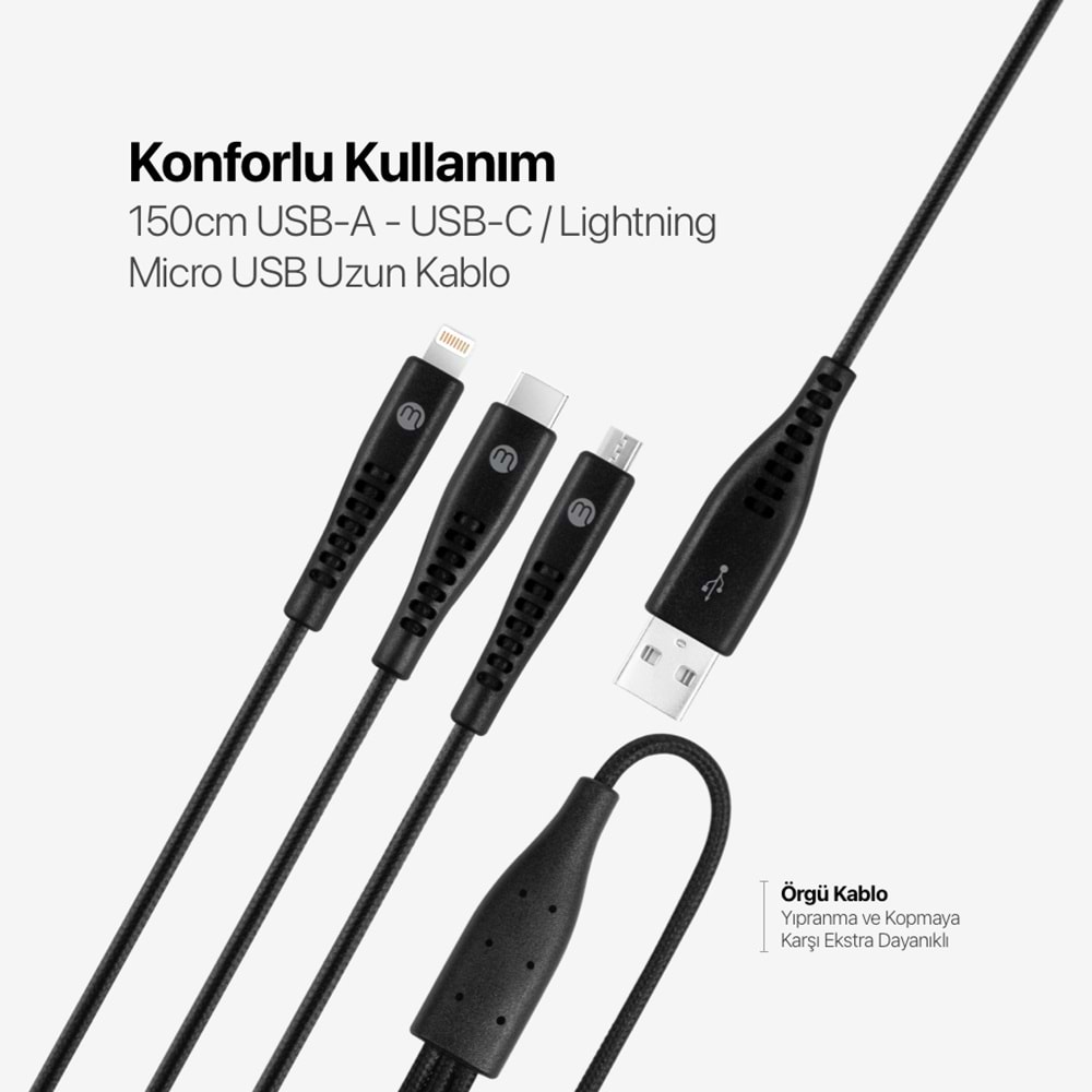 Mojue by Ttec Trio Şarj Kablosu USB-A - USB-C / Lightning / Micro USB 150cm 3DK44S Siyah