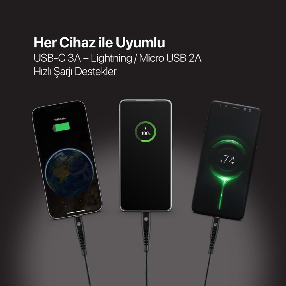 Mojue by Ttec Trio Şarj Kablosu USB-A - USB-C / Lightning / Micro USB 150cm 3DK44S Siyah