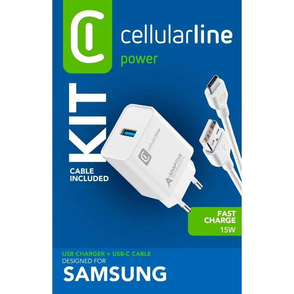 Cellularline 15W Hızlı Şarj Adaptörü + Type-C Kablo Beyaz