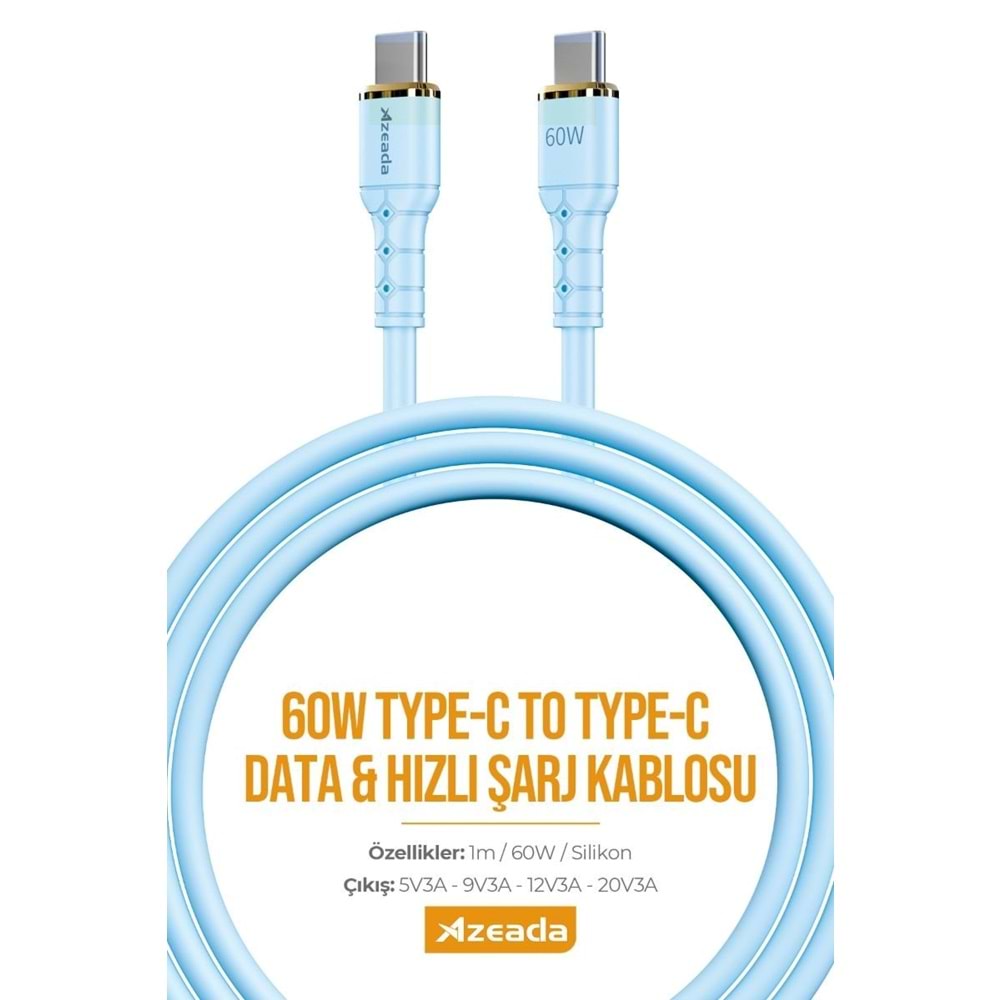 PDAteknoloji Azeada Linshion Serisi 60W Type-C to Type-C Hızlı Şarj ve Data Kablosu 1m Mavi AZ-B07AM