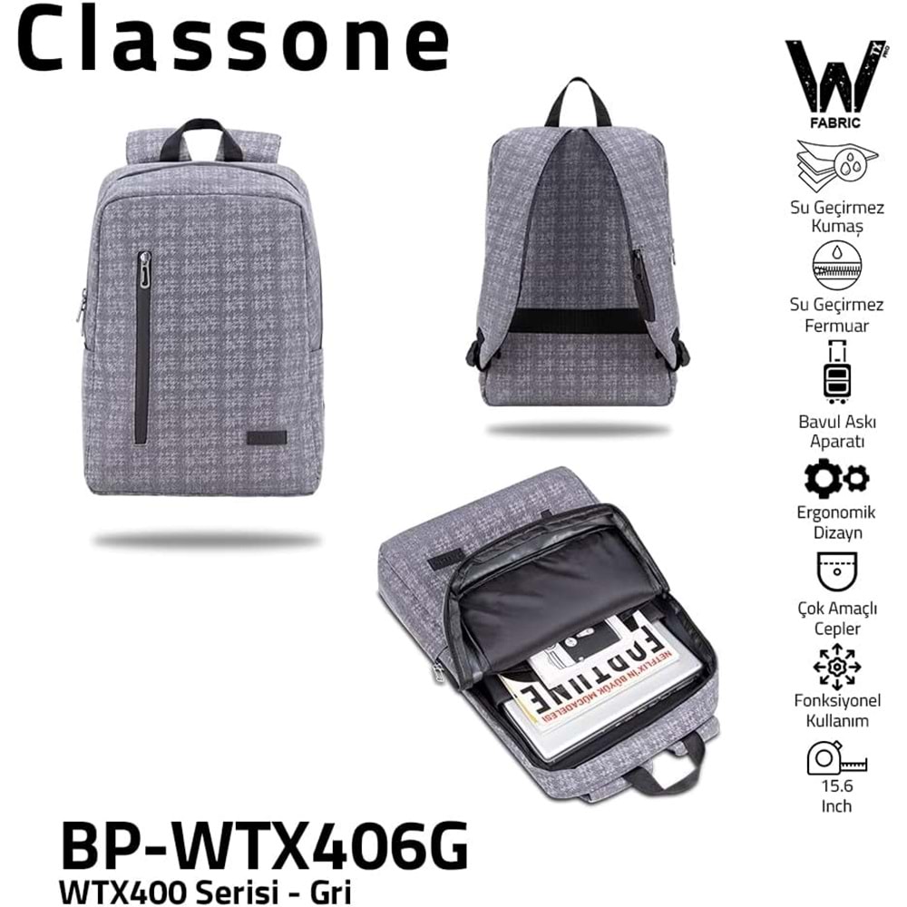Classone Pro 15.6 inch uyumlu Su Geçirmez Kumaş Notebook Sırt Çantası-Gri BP-WTX406G