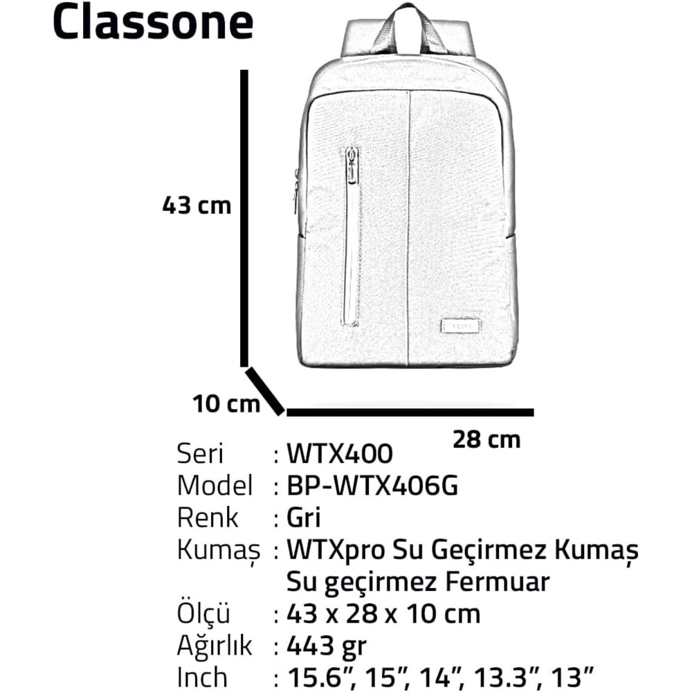 Classone Pro 15.6 inch uyumlu Su Geçirmez Kumaş Notebook Sırt Çantası-Gri BP-WTX406G