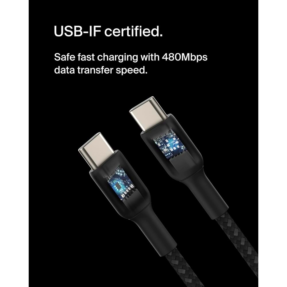 Belkin Boost Charge Örgülü USB-C, Hızlı Şarj Cihazı, USB-C Şarj Kablosu