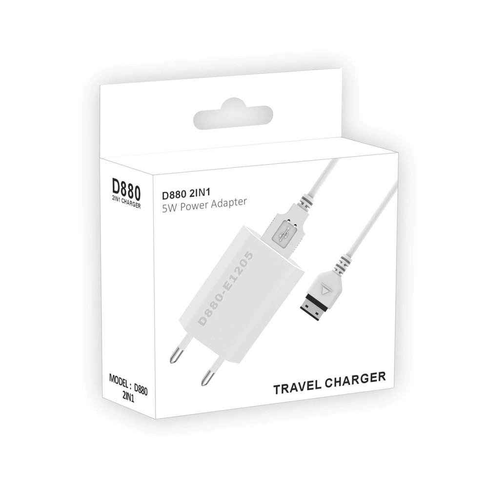 PDAteknoloji 5W 2 in 1 USB Adaptör + Kablo Beyaz D880 (Yerli Üretim)
