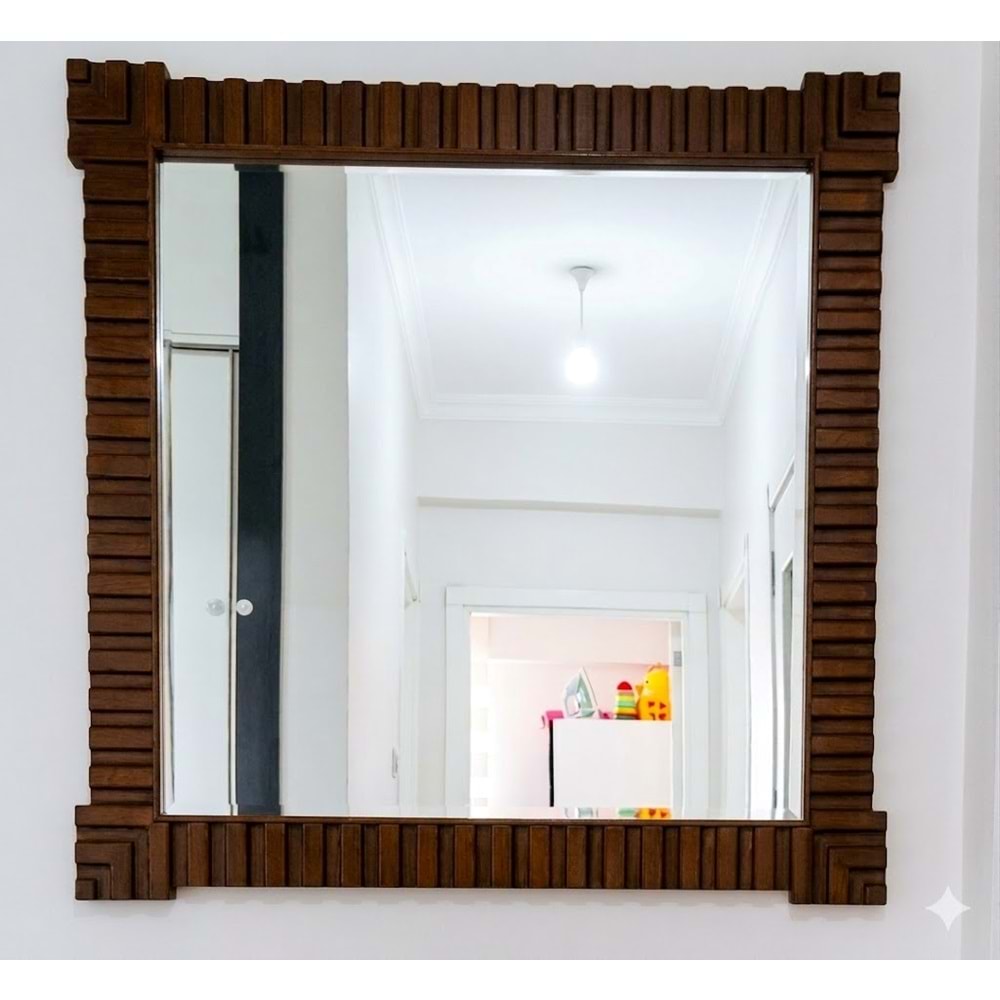 PDAteknoloji Ahşap Çerçeveli Dekoratif Kahverengi Ayna 119 x 119 cm