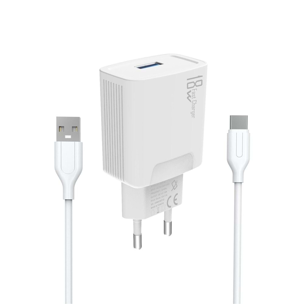 PDAteknoloyi 18W Qualcomm 3.0 Şarj Başlığı + 1m Type-C Kablo KDR-40T