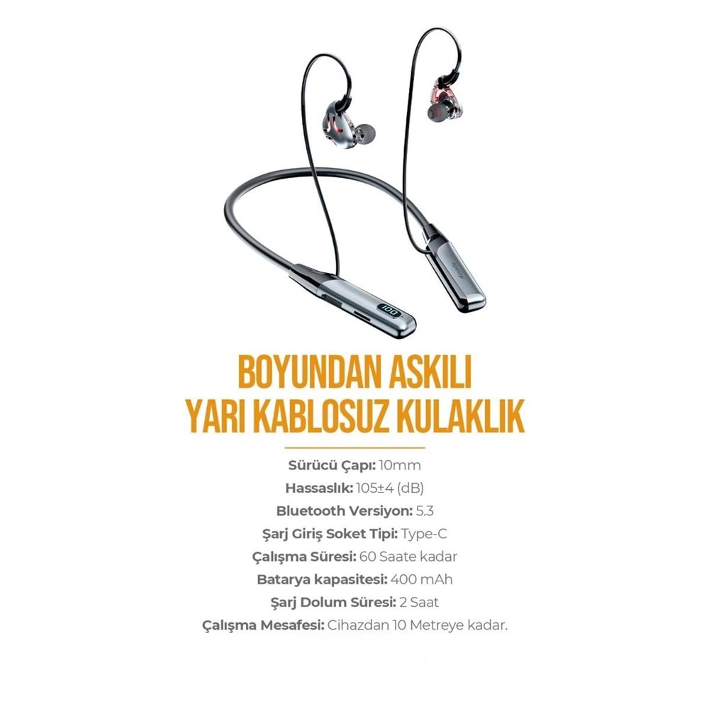 PDAteknoloji AZ-BN02 Boyun Askılı Bluetooth Kulaklık (400mah, 60 saat bekleme) (BU ÜRÜN OUTLETTİR)
