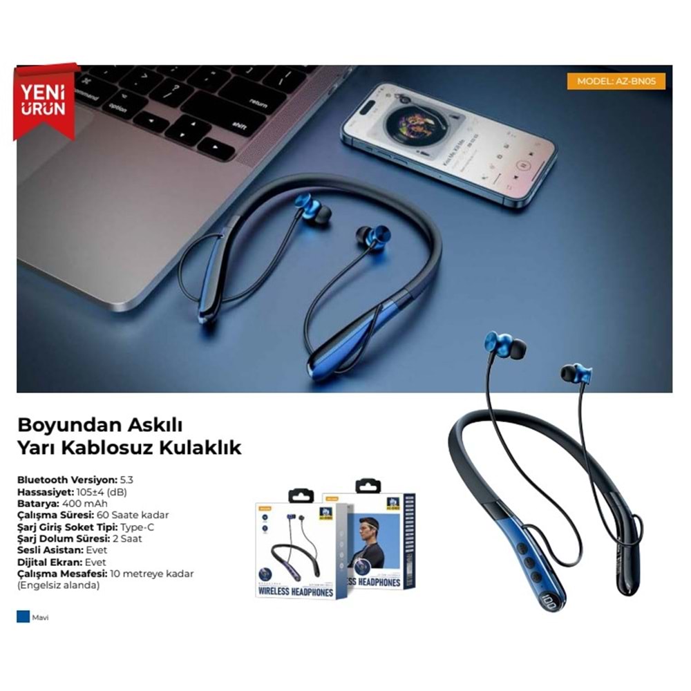 PDAteknoloji AZ-BN05 Boyun Askılı Bluetooth Kulaklık (400mah, 60 saat bekleme) (BU ÜRÜN OUTLETTİR)