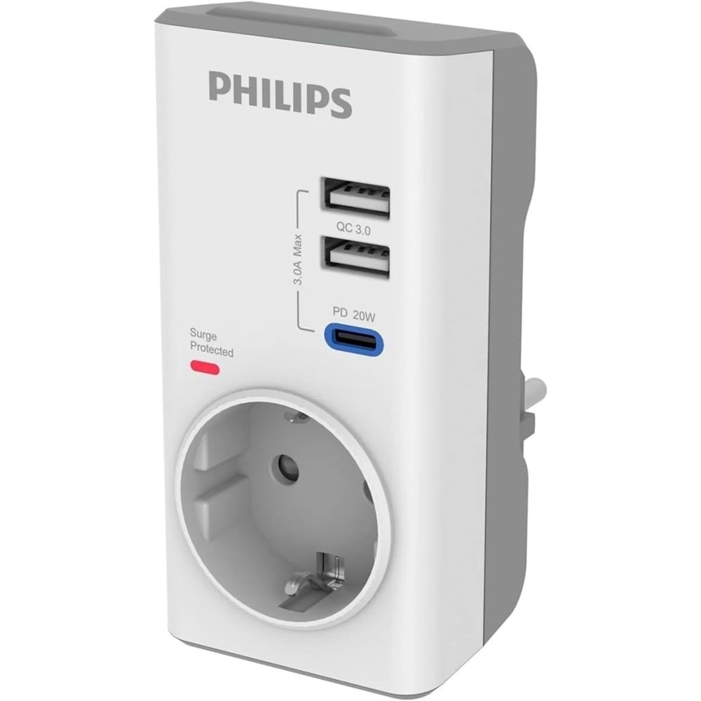 OUTLET Philips CHP8010W Tekli Akım Koruma Priz, 380J, 2x USB-A out, 1x USB-C out (PD & QC 3.0), Beyaz OUTLET