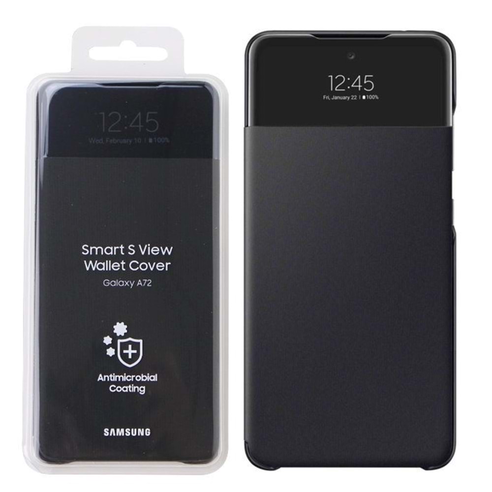 OUTLET Samsung Galaxy A72 Smart S View Wallet Cover Kılıf Siyah (Antimicrobial Coating) OUTLET
