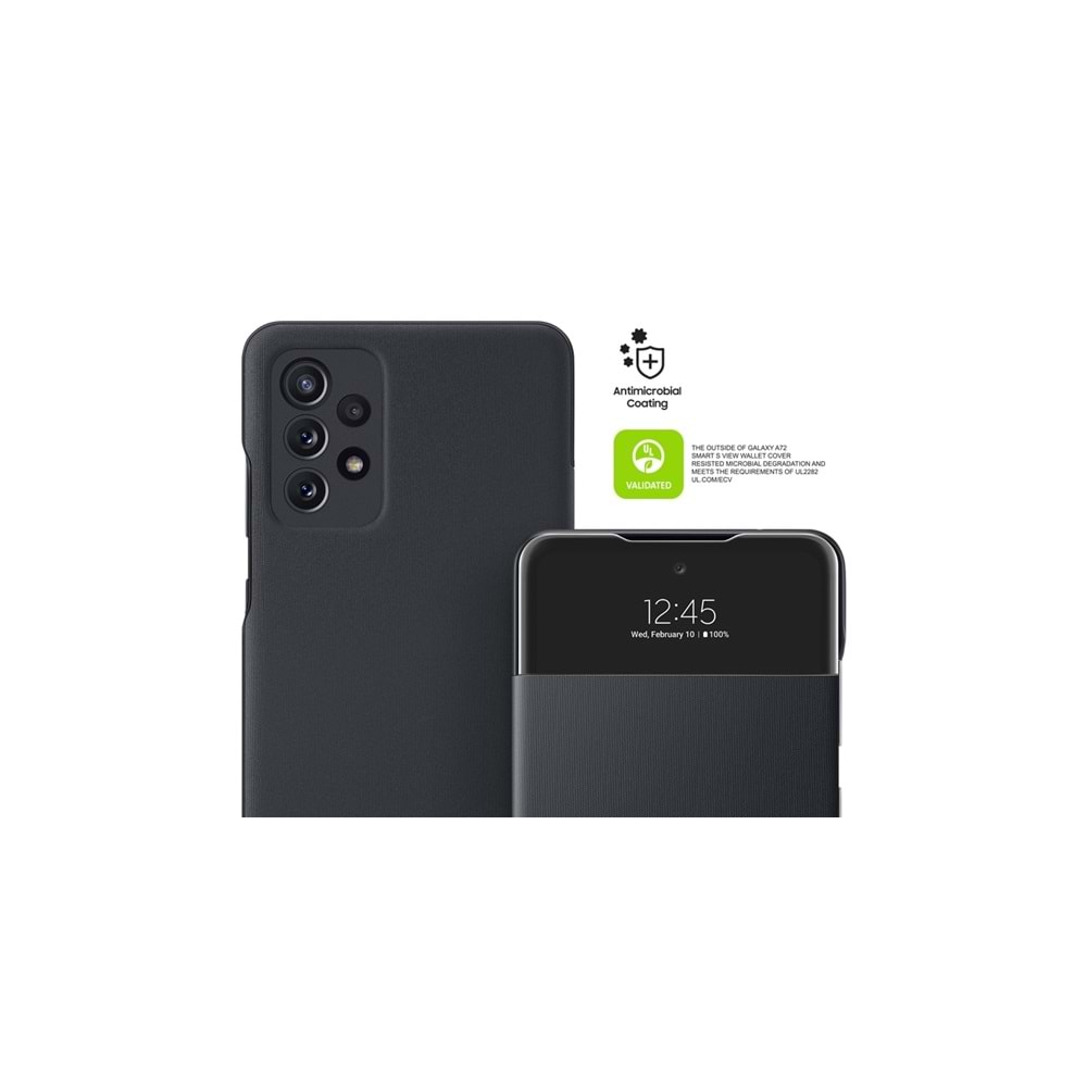 OUTLET Samsung Galaxy A72 Smart S View Wallet Cover Kılıf Siyah (Antimicrobial Coating) OUTLET