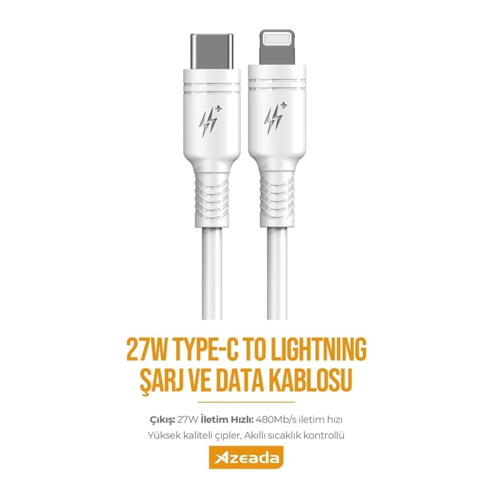 PDAteknoloji Azeada 27W Type-C to Lightning ile Uyumlu Şarj ve Data Kablosu 1m Beyaz PD-B82İB
