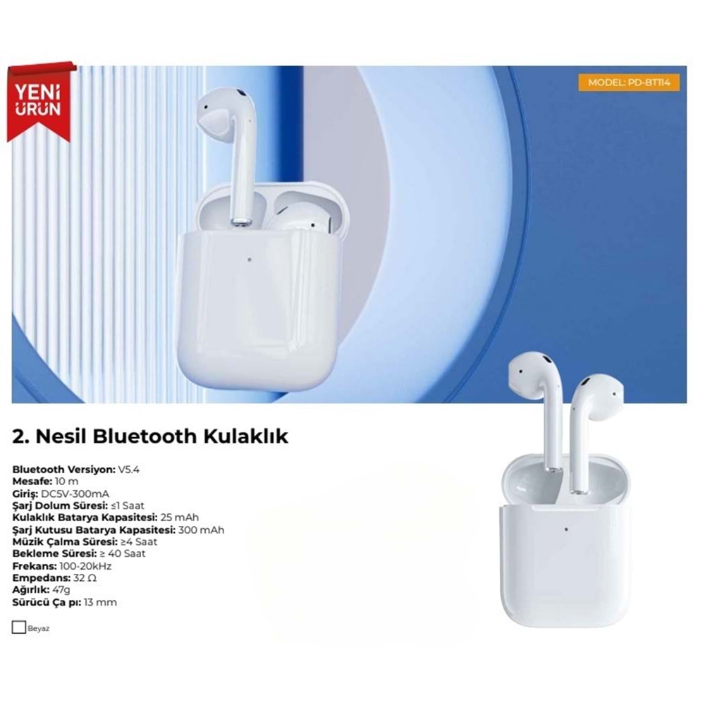 PDAteknoloji PD-BT114 OT 2.Nesil Bluetooth Kulaklık V5.3 - Beyaz