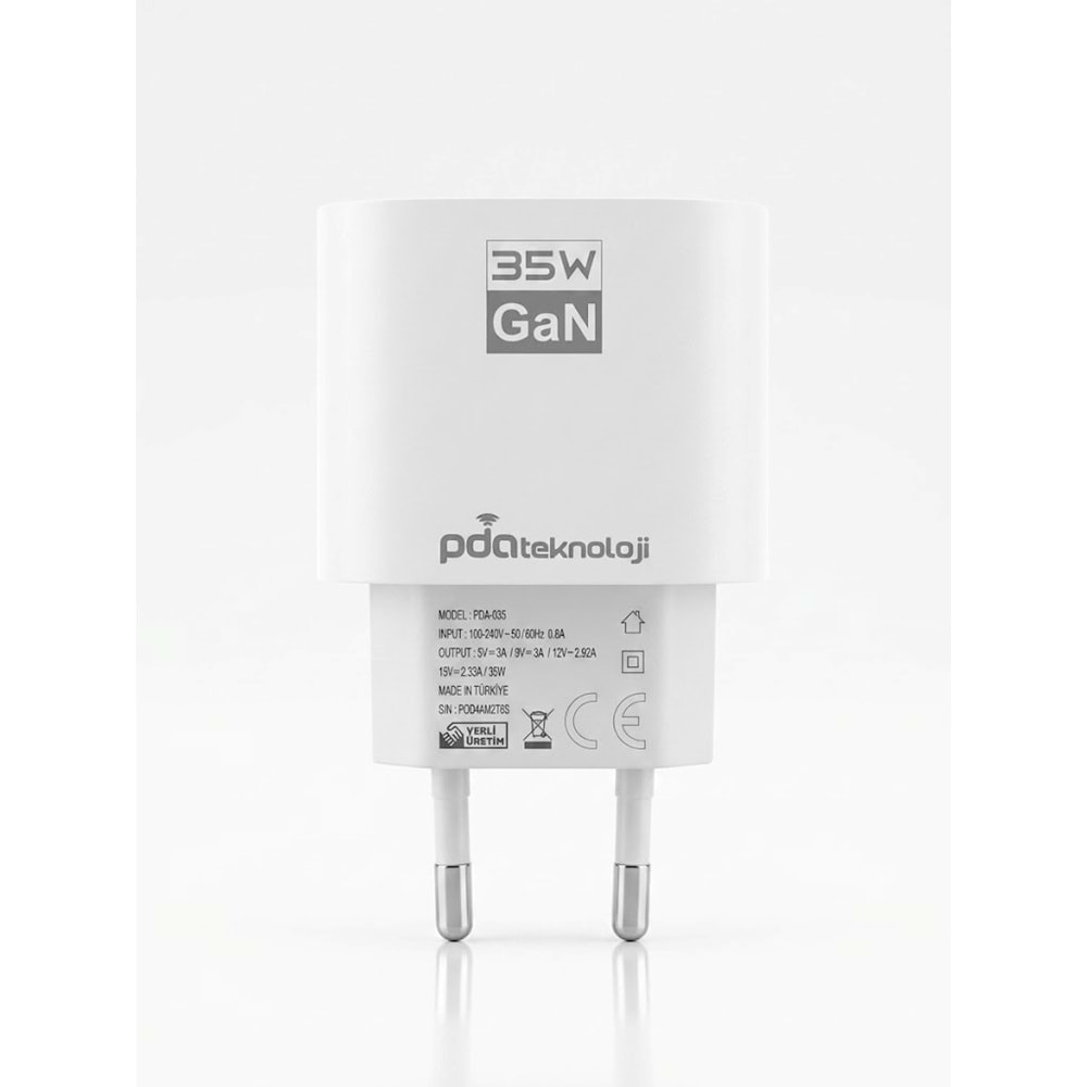 PDAteknoloji USB-C 35W GAN Hızlı Şarj Adaptörü Beyaz PDA-035 (Yerli Üretim)