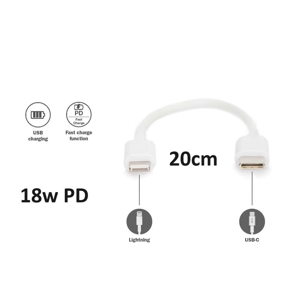 PDAteknoloji Type-C to iPhone PD 18w Kısa Hızlı Powerbank Şarj ve Data Kablosu - Beyaz 20cm C-454