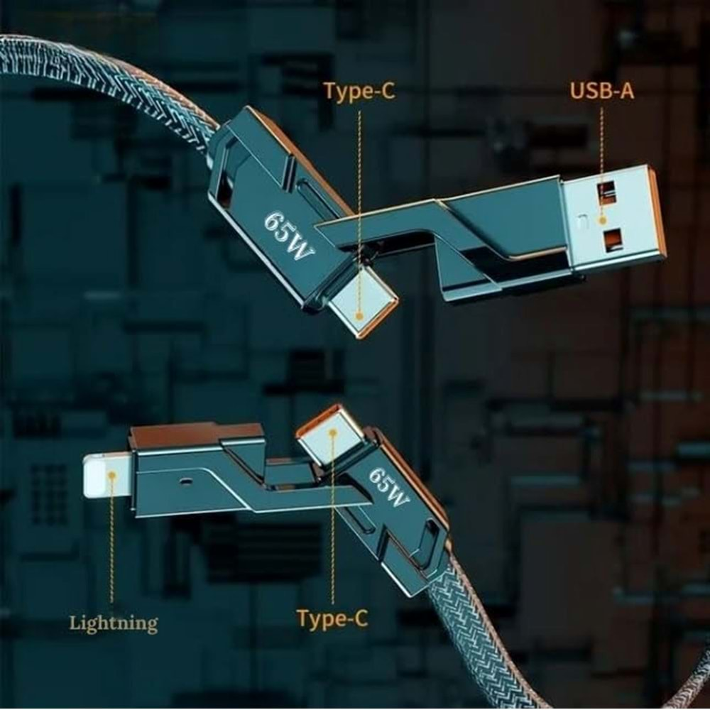 PDAteknoloji 2 in 2 4'lü 65w USB Type-C ve Lightning Örgülü Şarj Ve Data Kablosu - 1.5m Siyah AZ-B10th