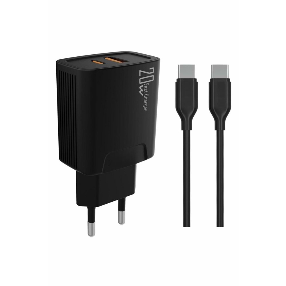 PDAteknoloji 20 watt USB + Type-C çıkışlı Hızlı Şarj Başlık Adaptör + 1m 3A Type-C to Type-C Kablo (Yerli Üretim) KDR-42 Siyah