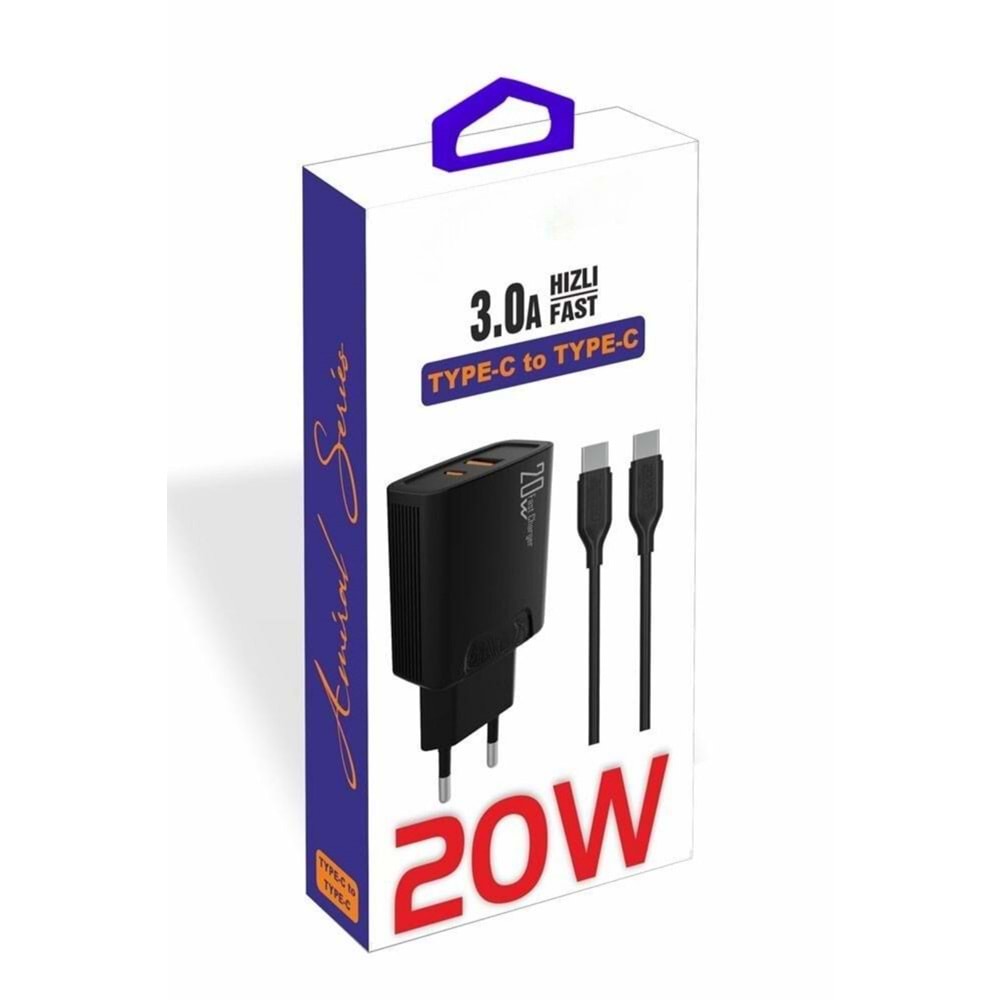 PDAteknoloji 20 watt USB + Type-C çıkışlı Hızlı Şarj Başlık Adaptör + 1m 3A Type-C to Type-C Kablo (Yerli Üretim) KDR-42 Siyah