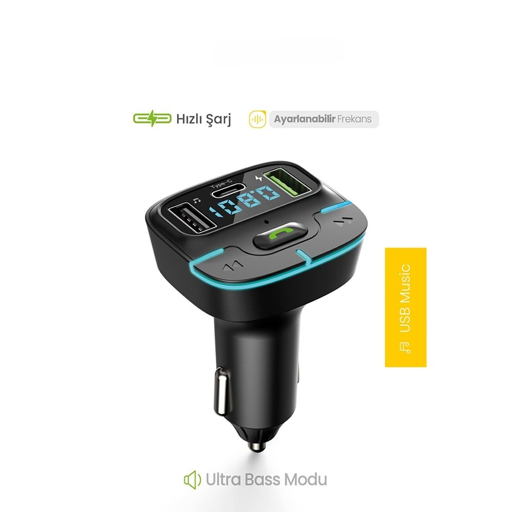 PDAteknoloj F9 Araç Fm Transmitter 5.3 Bluetooth Araç Kiti Usb Type-C Hızlı Şarj Çıkışlı Çakmaklık Girişli