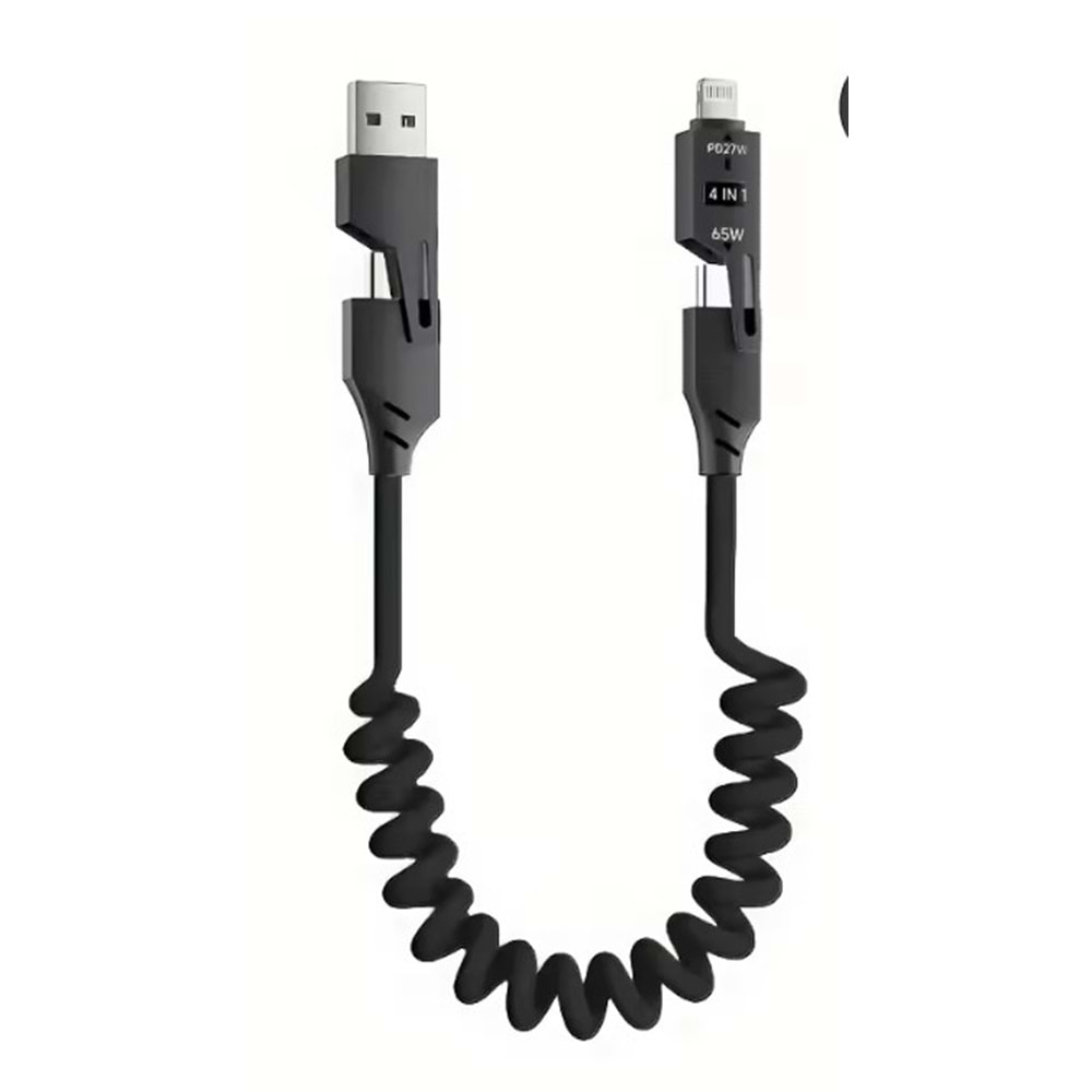 PDA Teknoloji 65W Type-C+USB A to Type-C+Lightning Akordiyonlu Hızlı Şarj Kablosu 1.5m Siyah