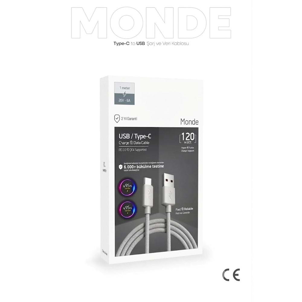 PDAteknoloji 120W/67W Monde USB-A to Type-C Şarj ve Data Kablosu 1m