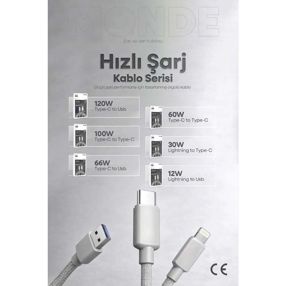 PDAteknoloji 120W/67W Monde USB-A to Type-C Şarj ve Data Kablosu 1m