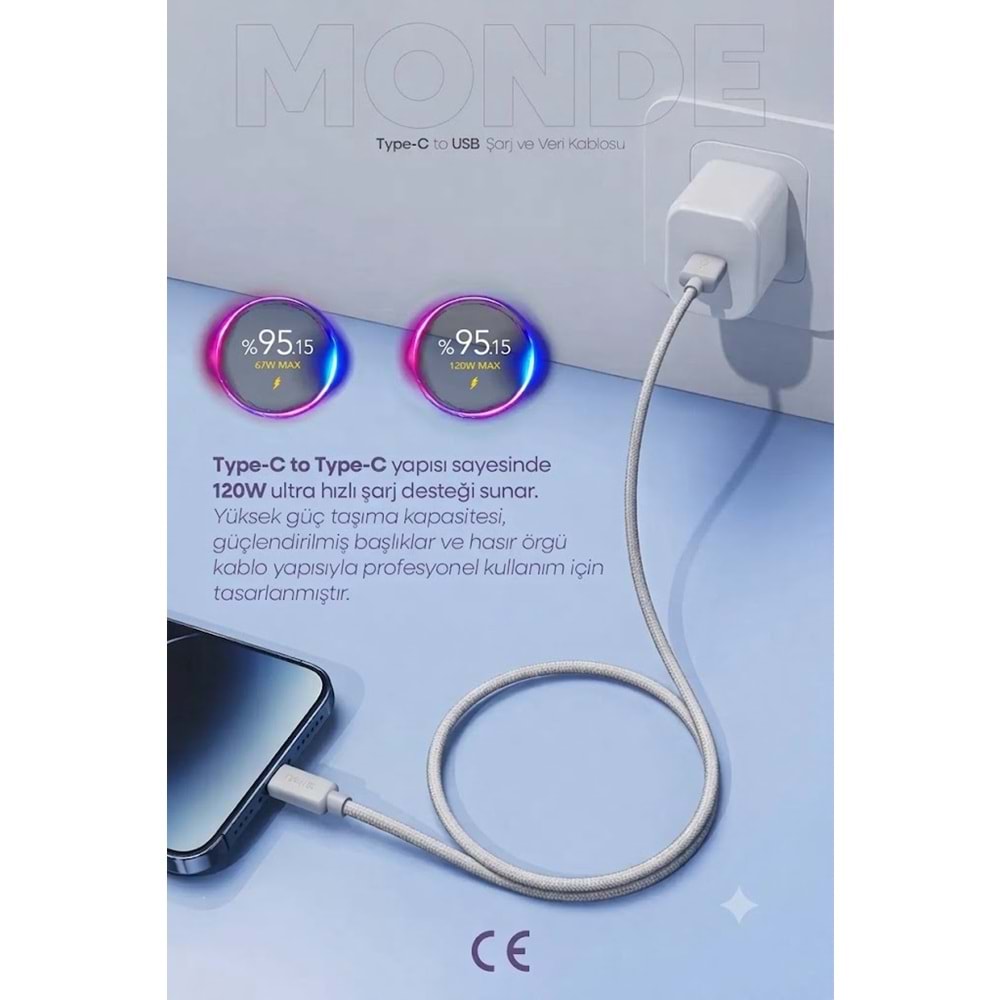 PDAteknoloji 120W/67W Monde USB-A to Type-C Şarj ve Data Kablosu 1m