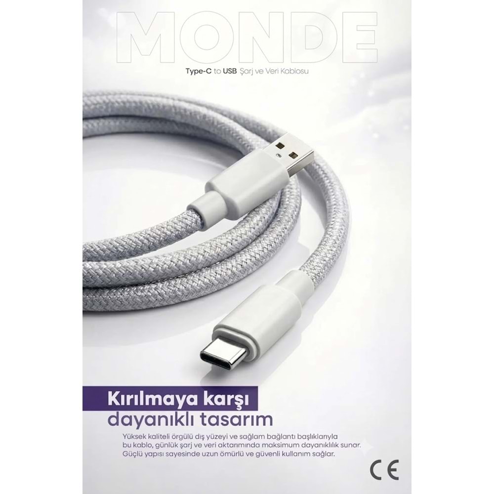 PDAteknoloji 120W/67W Monde USB-A to Type-C Şarj ve Data Kablosu 1m