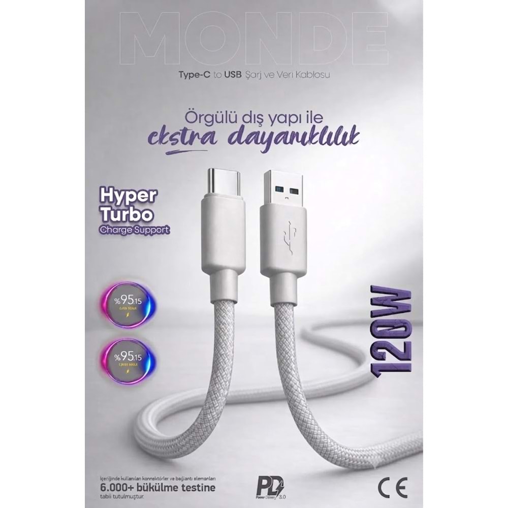 PDAteknoloji 120W/67W Monde USB-A to Type-C Şarj ve Data Kablosu 1m