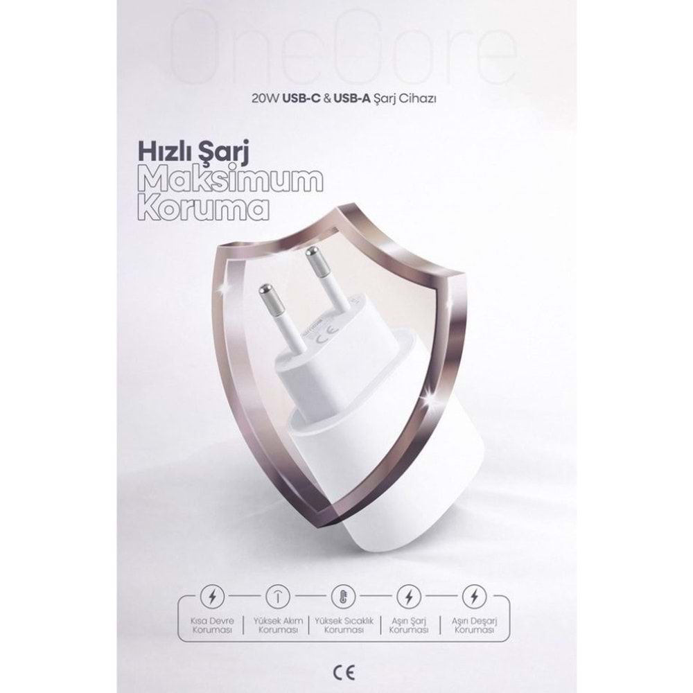 PDAteknoloji 20W USB-C ve USB-A Çift Girişli Şarj Adaptörü Beyaz (3 Yıl Garantili)