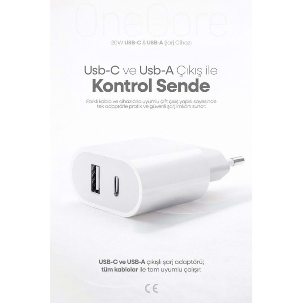 PDAteknoloji 20W USB-C ve USB-A Çift Girişli Şarj Adaptörü Beyaz (3 Yıl Garantili)
