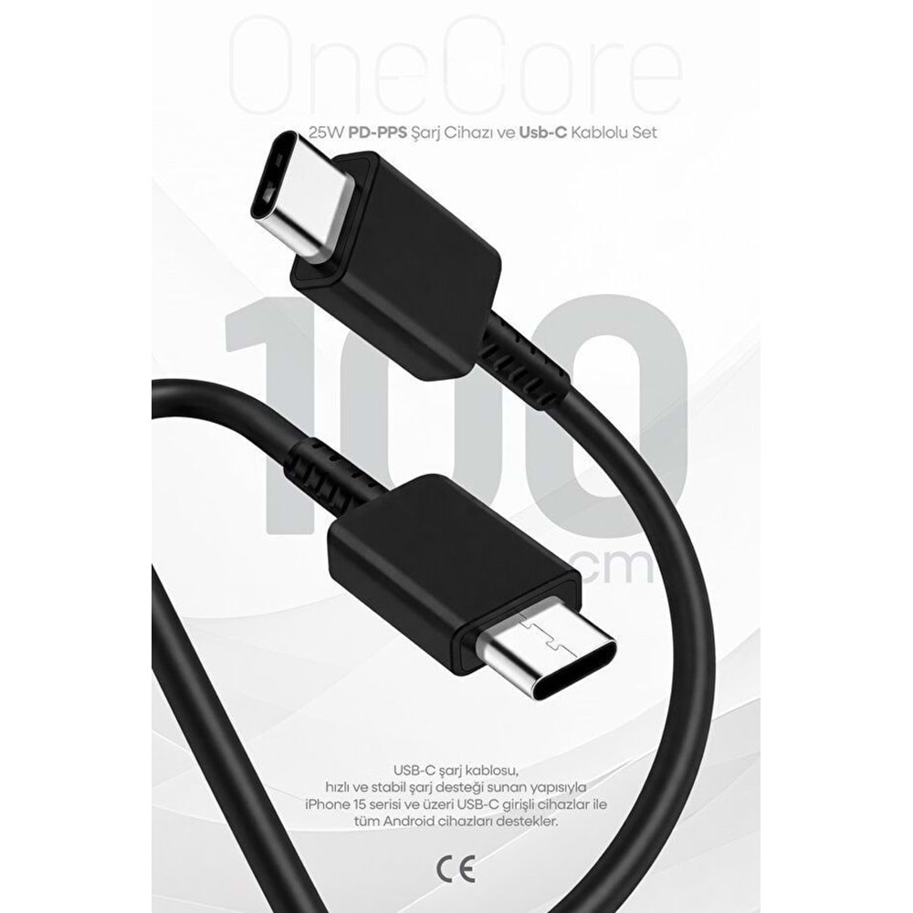 PDAteknoloji 25W USB-C PD-Pps Super Hız Şarj Adaptörü ve 1m 3A Type-C to Type-C Kablo Siyah (3 Yıl Garantili)