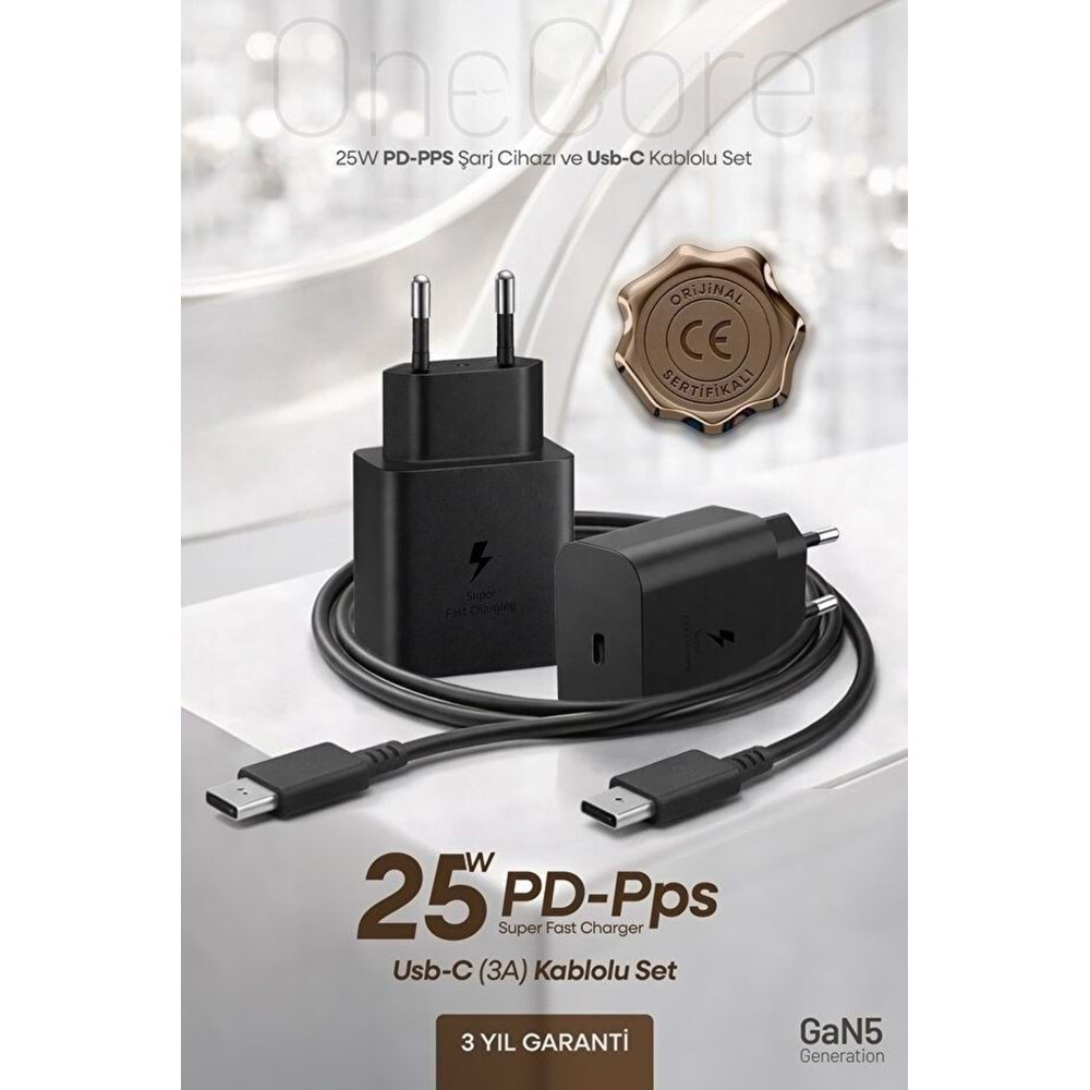 PDAteknoloji 25W USB-C PD-Pps Super Hız Şarj Adaptörü ve 1m 3A Type-C to Type-C Kablo Siyah (3 Yıl Garantili)