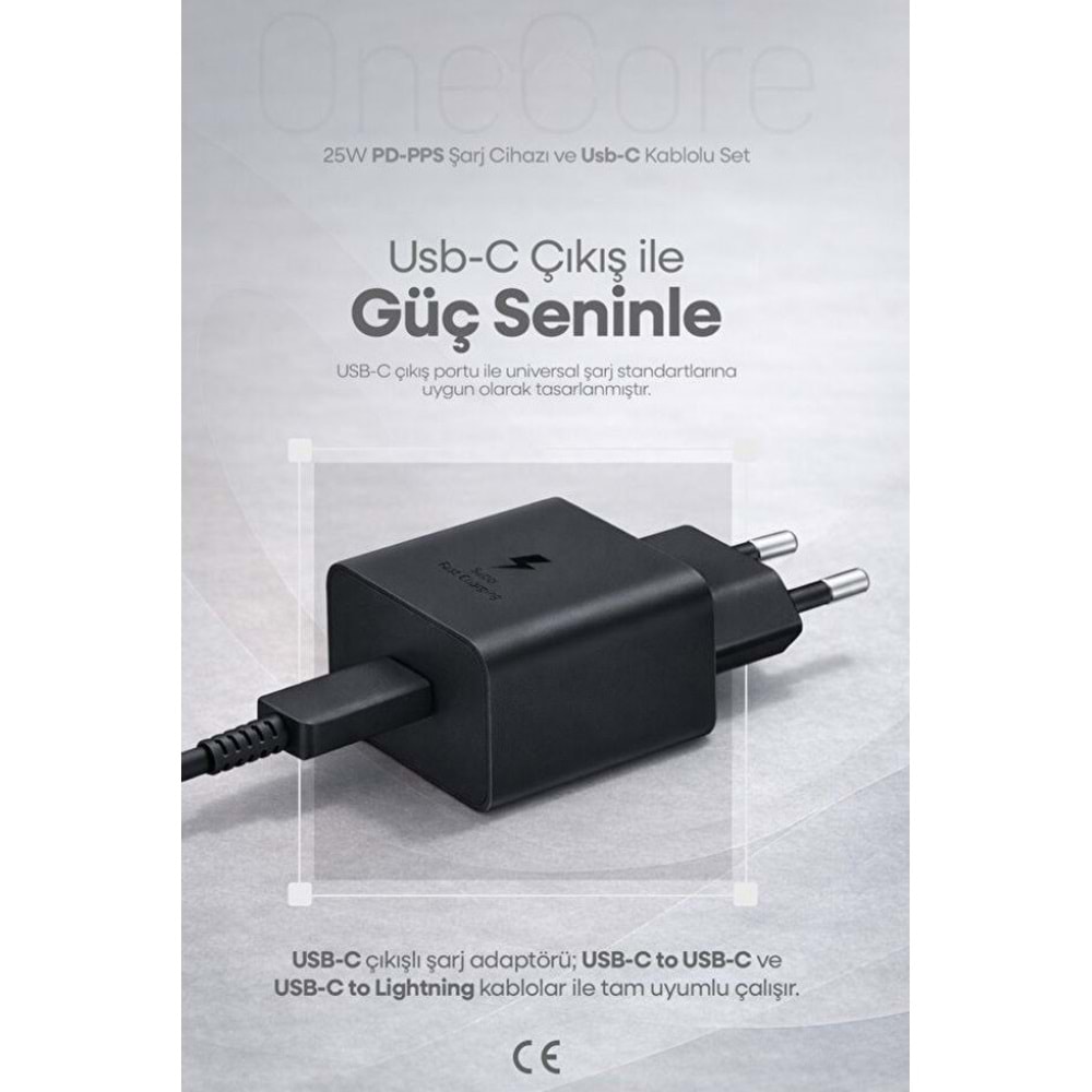PDAteknoloji 25W USB-C PD-Pps Super Hız Şarj Adaptörü ve 1m 3A Type-C to Type-C Kablo Siyah (3 Yıl Garantili)
