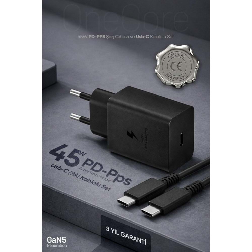 PDAteknoloji 45W USB-C PD-Pps Super Hız Şarj Adaptörü ve 1m 5A Type-C to Type-C Kablo Siyah (3 Yıl Garantili)