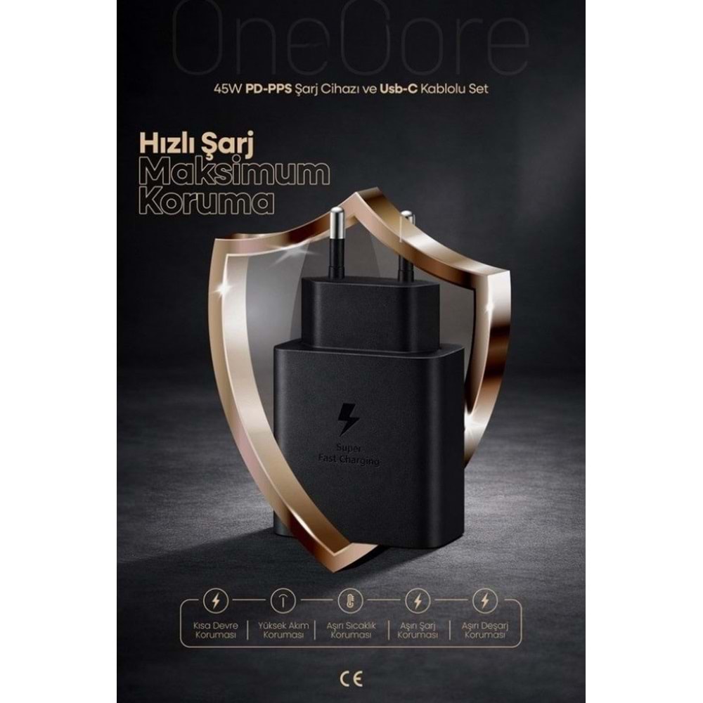 PDAteknoloji 45W USB-C PD-Pps Super Hız Şarj Adaptörü ve 1m 5A Type-C to Type-C Kablo Siyah (3 Yıl Garantili)